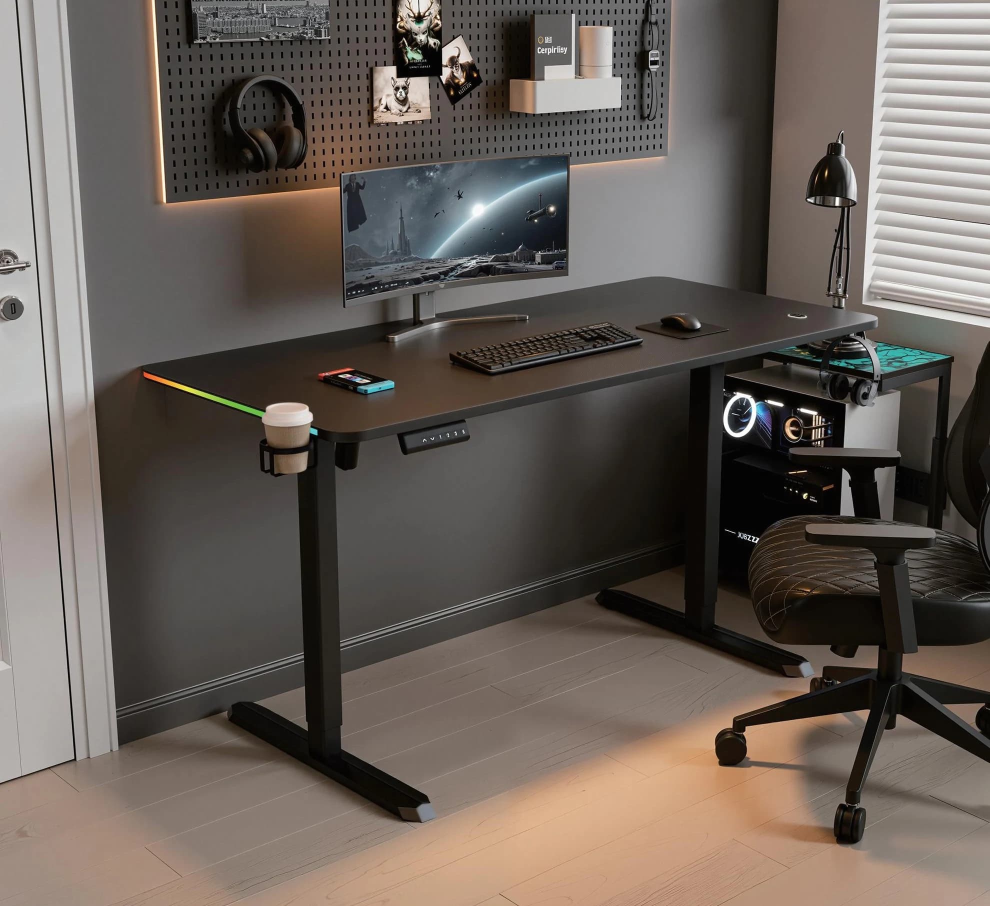 Escritorio gamer regulable eléctrico con gancho y portavasos 140 × 70 cm