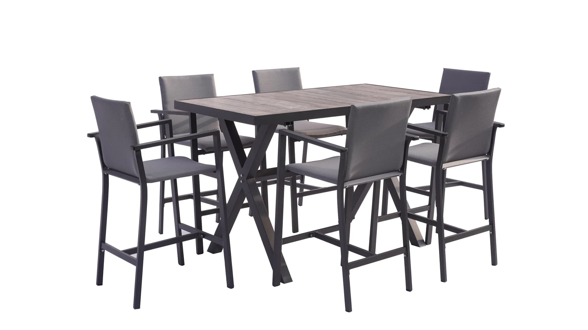Juego de bar de exterior con mesa alta de patas en X y seis banquetas