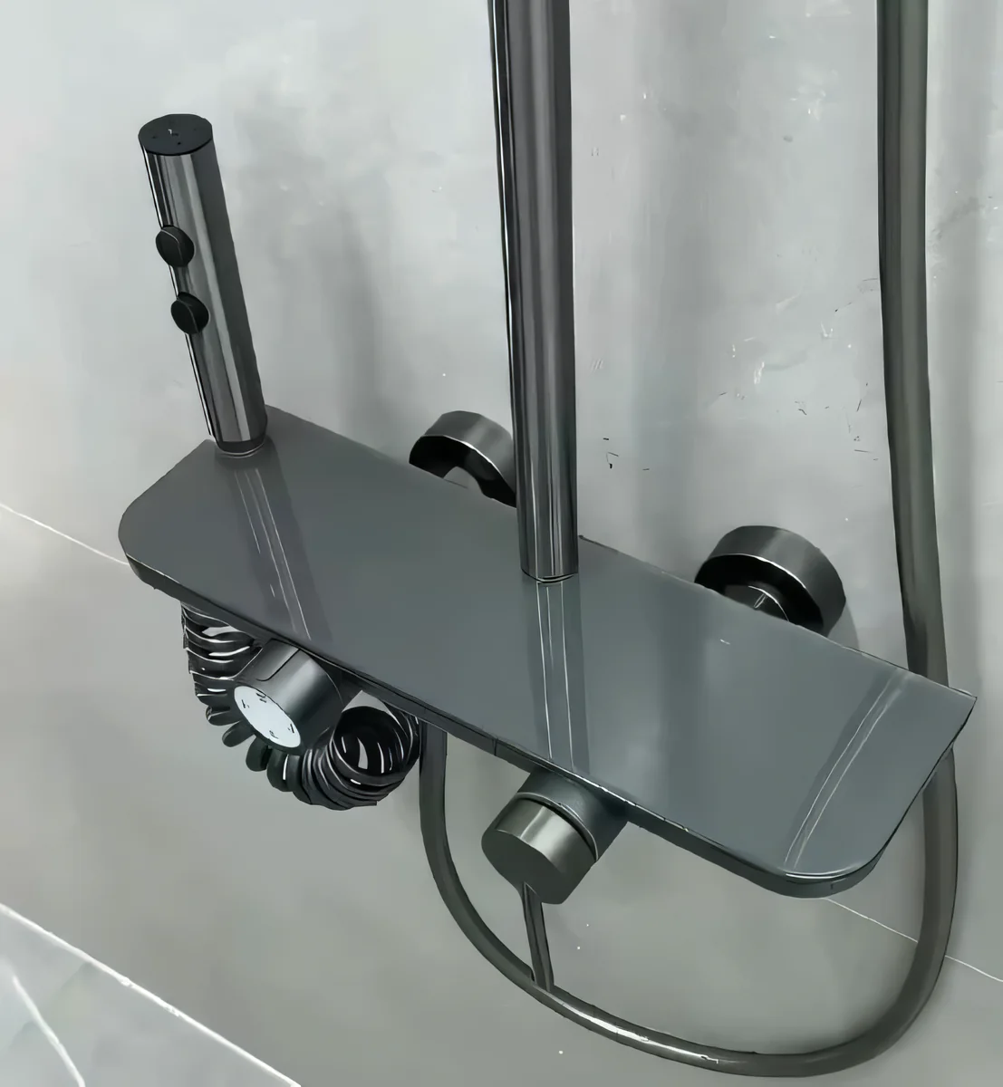 Columna de ducha con repisa de vidrio gris y perillas laterales