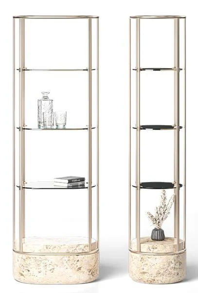 Estantería columna de acero dorado con base de mármol 40 × 40 × 154 cm