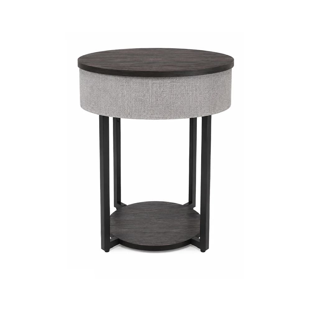 Mesa auxiliar redonda con parlante, cuerpo gris tapizado y estante 46 cm