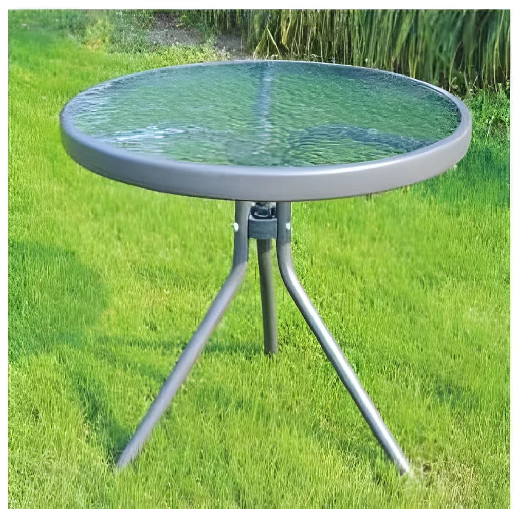 Mesa auxiliar de exterior de acero con tapa de vidrio templado, gris · modelo 01