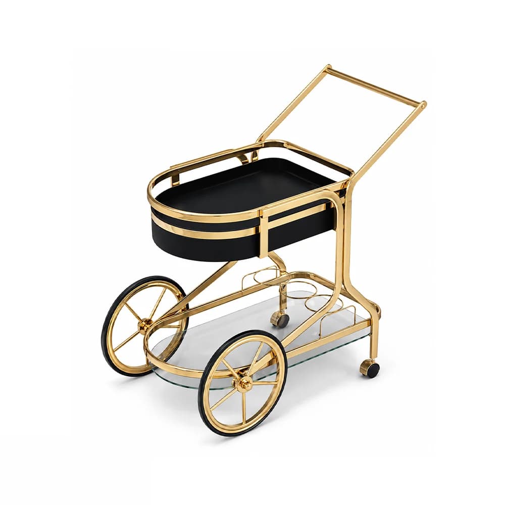 Carrito de bar con parlante a batería, ruedas y estructura dorada 47 × 80 cm