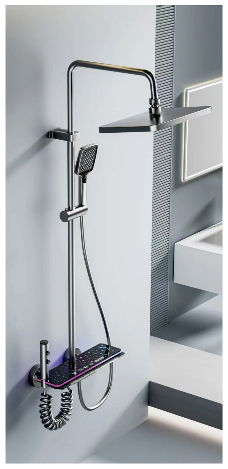 Columna de ducha gris con consola de frente negro