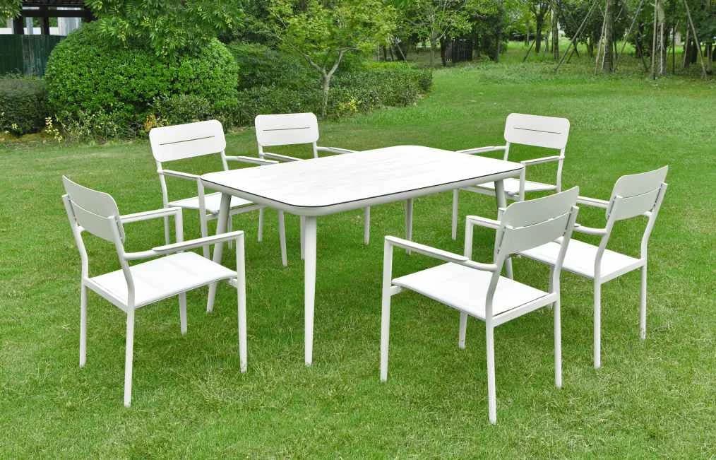 Juego de comedor de 7 piezas de aluminio, mesa de vidrio símil piedra y sillas con textileno, blanco