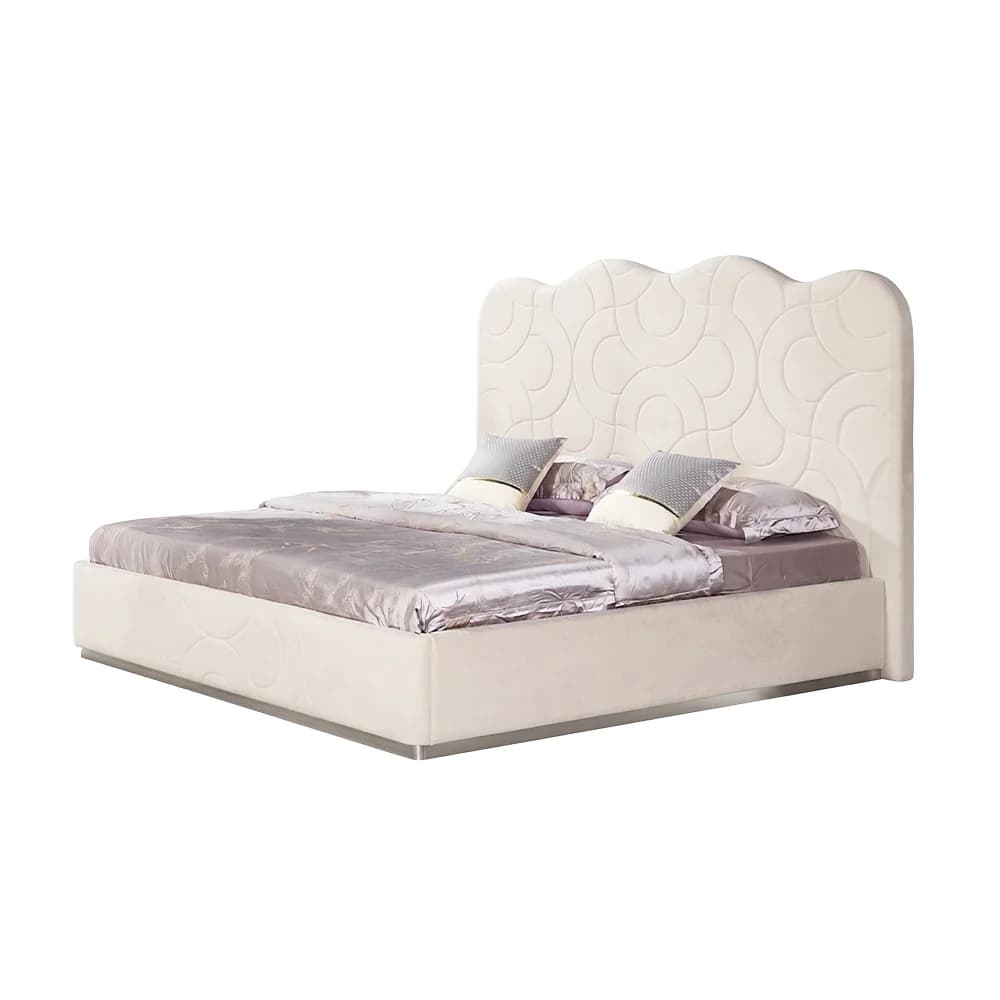 Cama tapizada con respaldo ondulado en relieve
