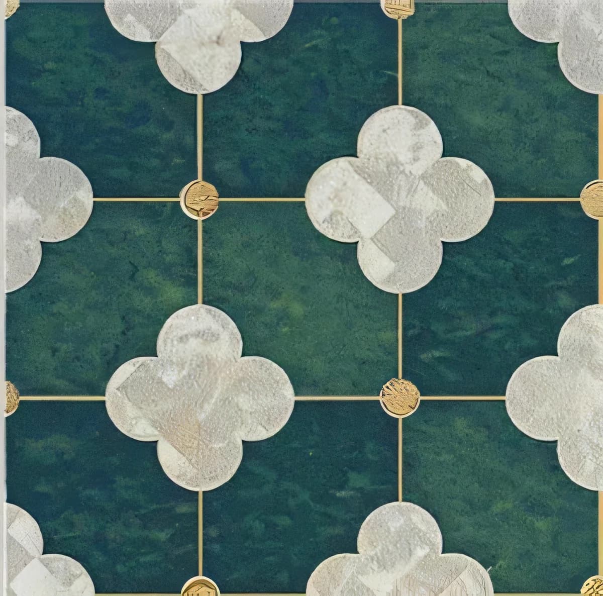 Porcelanato decorado cuatrifolios crema sobre verde azulado 40 × 40