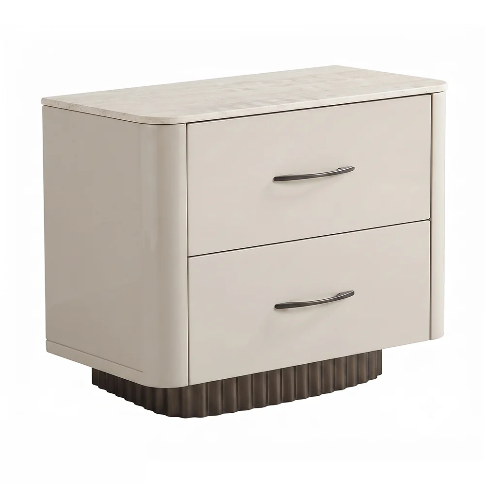 Mesa de luz de dos cajones con tapa veteada beige