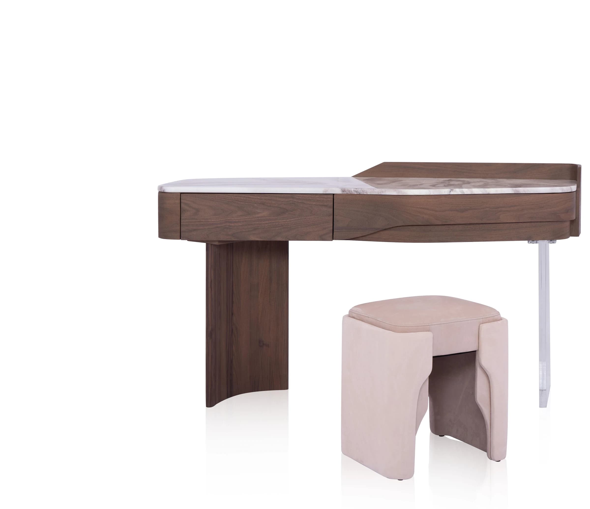 Tocador de tapa veteada con una pata en tono madera y otra transparente 140 × 58 cm