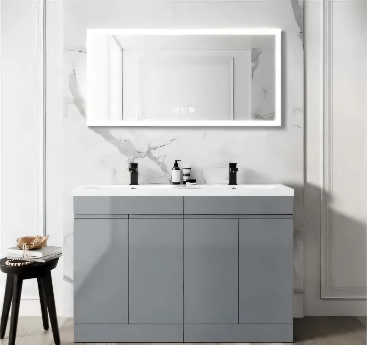 Vanitory de piso gris con espejo · diseño 1