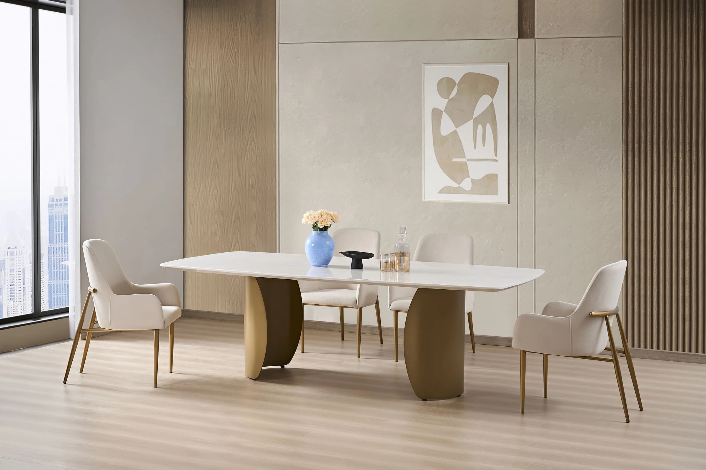 Mesa de comedor rectangular con dos bases curvas doradas