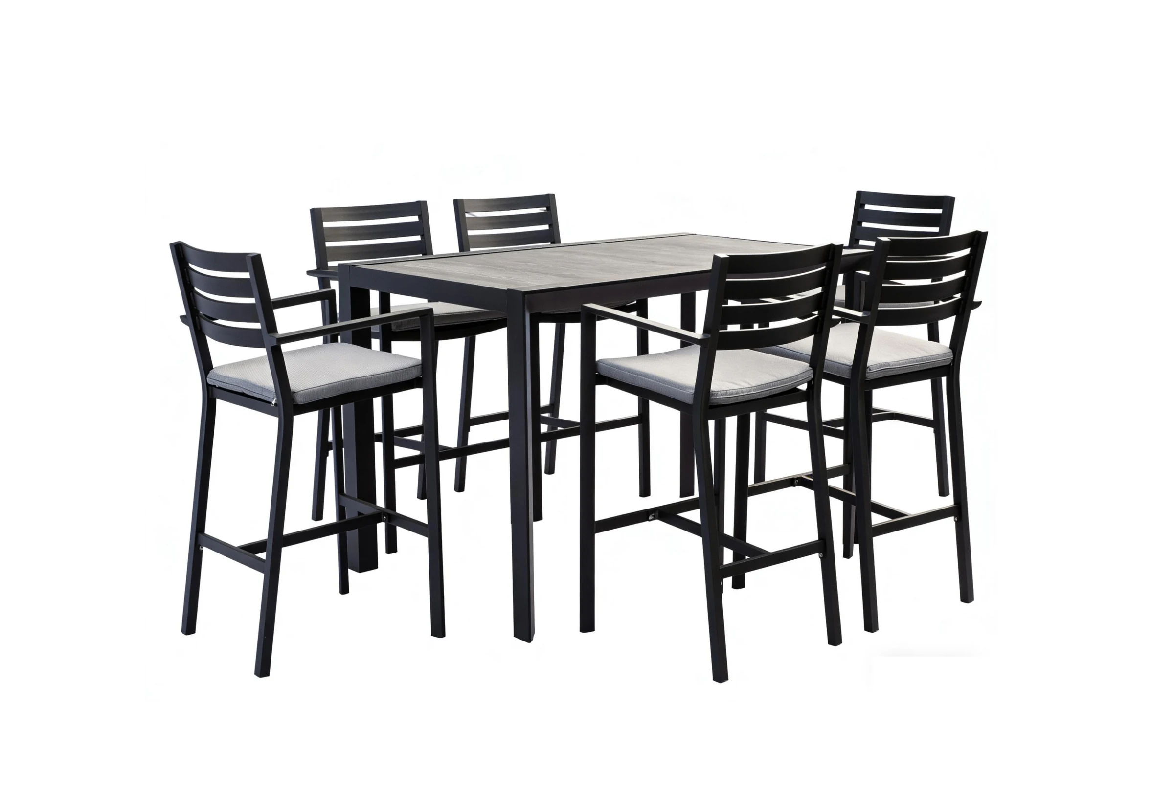 Juego de bar de exterior con mesa alta de 150 cm y seis banquetas